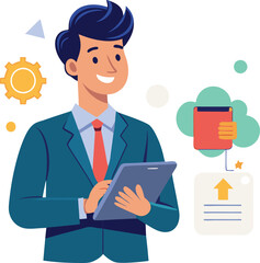 Man holding and using digital tablet computer. Tablet computer concept illustration. Vector illustration in cartoon style.