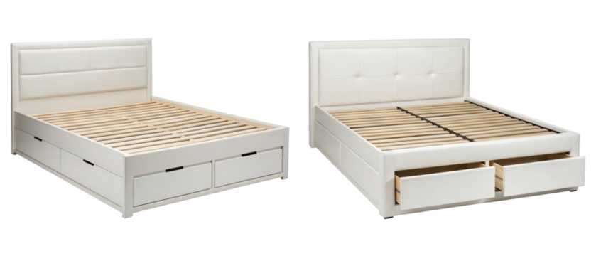 White platform bed with storage drawers isolated with transparent background