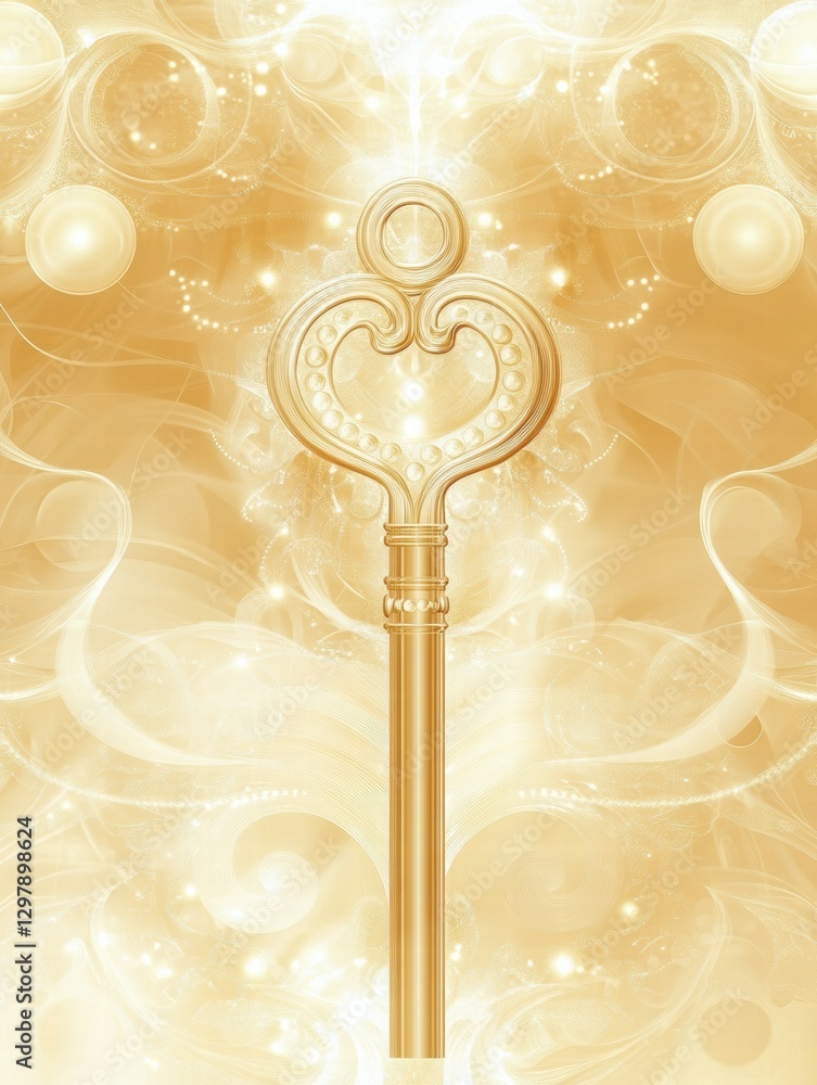 Fototapete Golden heart shaped key surrounded by ethereal light with soft glowing orbs and swirls creating a magical atmosphere. Generative AI
