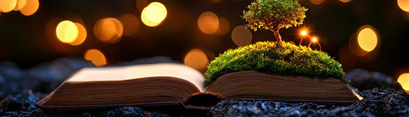 Enchanted Book Revealing a Mystical Miniature World With a Tree in the Glowing Light