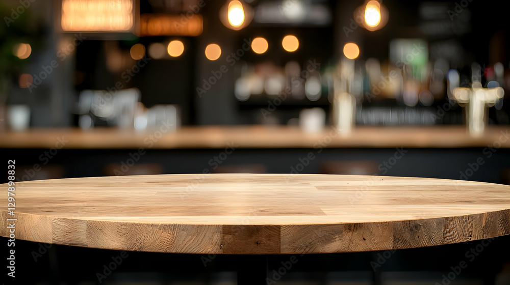 Aufkleber empty rustic wooden table surface illuminated by warm lights in blurred bar background