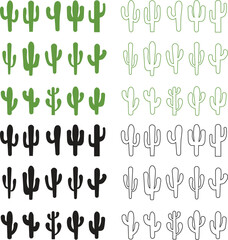 Cactus icon set. Cactus silhouette vector collection isolated on transparent background. Home plant flat and line element. Mexican desert plant pictogram. Wild cactus linear nature garden symbol
