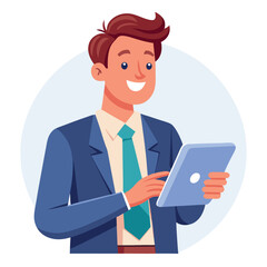 Man holding and using digital tablet computer. Tablet computer concept illustration. Vector illustration in cartoon style.