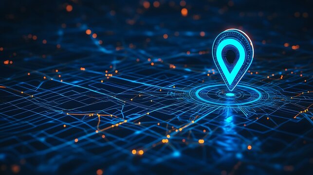 Futuristic digital navigation with neon GPS location pin and cyber tech map - Powered by Adobe