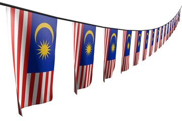 pretty any celebration flag 3d illustration. - many Malaysia flags or banners hanging diagonal with perspective view on string isolated on white