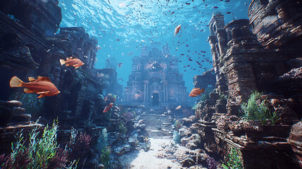 A video game scene of a coral reef with a group of fish swimming around a castle