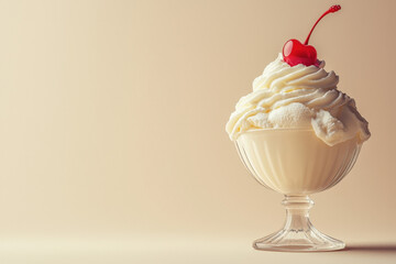 Cherry Ice Cream in Glass Bowl with Whipped Cream and Cherry