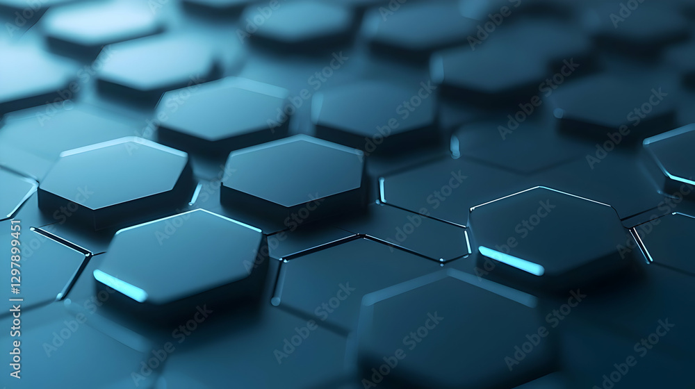 Poster Abstract Hexagonal Pattern In Shades Of Blue With Illuminated Edges And Geometric Design