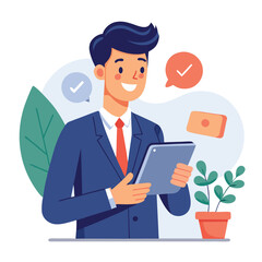 Man holding and using digital tablet computer. Tablet computer concept illustration. Vector illustration in cartoon style.