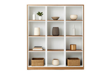 Fototapeta premium Modern Wooden Bookshelf with Decorative Items isolated with transparent background