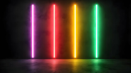 Colorful Neon Light Bars Reflecting on a Dark Concrete Surface