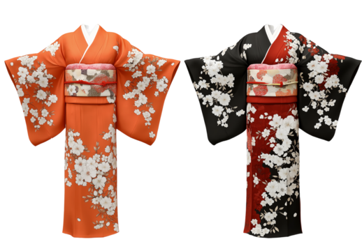 3 different styles of kimono with floral pattern on orange color, isolated white background, png transparent