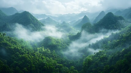 Highland mist rolling over deep forest high resolution image