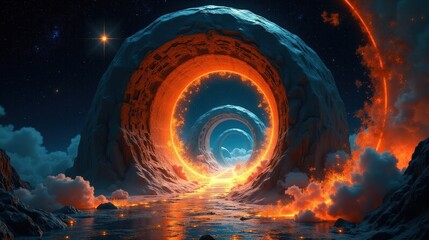 A mesmerizing wormhole opening in deep space, gravitational distortions twisting nearby stars, a luminous tunnel of swirling nebular light leading into an unknown dimension.