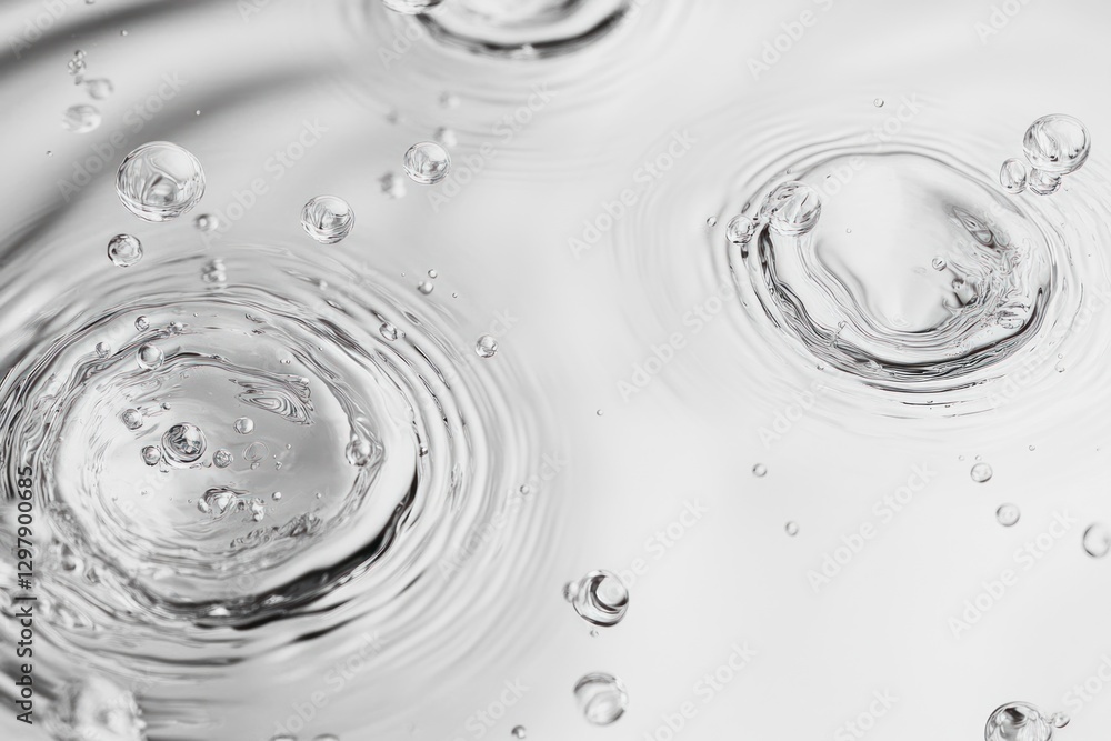 Poster close-up of water droplets creating ripples and bubbles on a reflective surface.