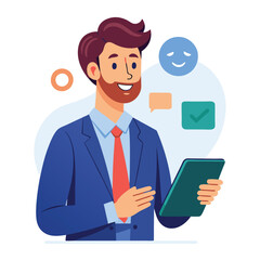 Man holding and using digital tablet computer. Tablet computer concept illustration. Vector illustration in cartoon style.