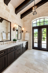 Luxurious master bath, stone walls, French doors
