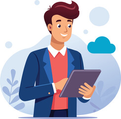 Man holding and using digital tablet computer. Tablet computer concept illustration. Vector illustration in cartoon style.