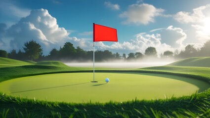 Wide-angle view of a golf flag,A golf flag flutterin,Red flag on a green golf,Flag: A brightly colored flag