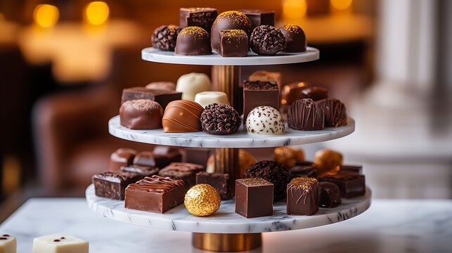 Gourmet chocolate pralines on elegant three tier marble dessert stand