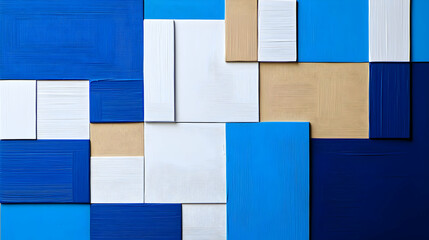 Abstract Geometric Composition In Blue And White Hues With Textured Wooden Elements