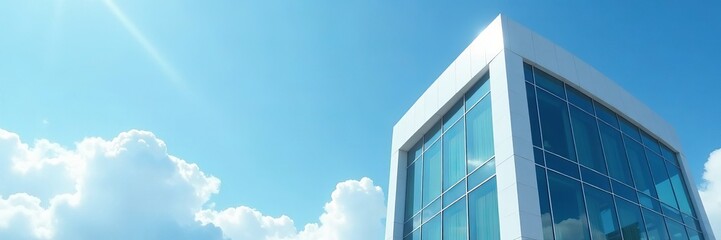Obraz premium Sleek white office building with glass facade and blue sky backdrop, white, glass, modern