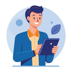 Man holding and using digital tablet computer. Tablet computer concept illustration. Vector illustration in cartoon style.