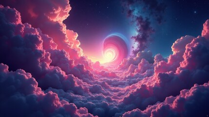 A dense, colorful nebula expanding like a celestial storm, swirling clouds of ionized gas illuminated by newborn stars, a fusion of purples, pinks, and deep blues.