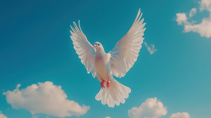 Dove soars against blue sky with wispy clouds. Freedom and peace concept