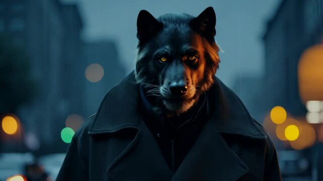 Mysterious figure with wolf-like features stands in urban night setting illuminated by streetlights