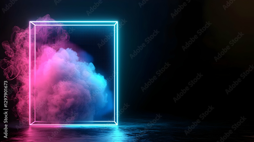 Poster abstract neon frame with colorful cloud of smoke and digital data against black background
