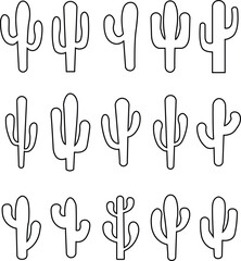 Cactus icon set. Cactus silhouette vector collection isolated on transparent background. Home plant flat and line element. Mexican desert plant pictogram. Wild cactus linear nature garden symbol