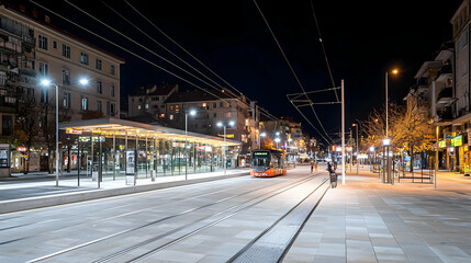 Nighttime City Streetscape With Illuminated Buildings And Traffic Along Roadside