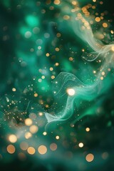 A Deep Emerald Green Background with a Mesmerizing Bokeh Effect and Warm Golden Light Accents
