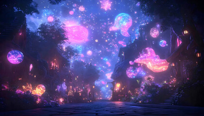 Magical Night, Glowing Town, Fantasy