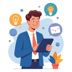 Man holding and using digital tablet computer. Tablet computer concept illustration. Vector illustration in cartoon style.