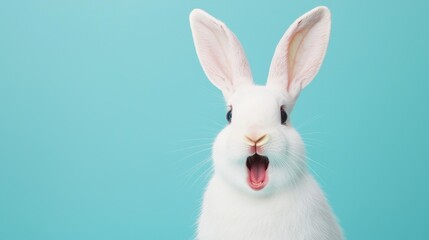 Obraz premium Cute White Rabbit with Large Ears and Open Mouth Against a Bright Teal Background in Studio Setting