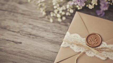 Rustic wedding invitation suite with sealing wax and lace placed on a wooden table next to some flowers, creating a romantic and elegant atmosphere for the upcoming celebration, copy space