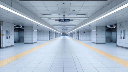 Empty Modern Subway Station Interior With Symmetrical Perspective in White Color Scheme