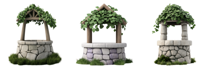 Magical wishing wells surrounded by lush greenery, symbolizing luck and dreams