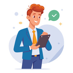 Man holding and using digital tablet computer. Tablet computer concept illustration. Vector illustration in cartoon style.