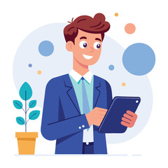 Man holding and using digital tablet computer. Tablet computer concept illustration. Vector illustration in cartoon style.