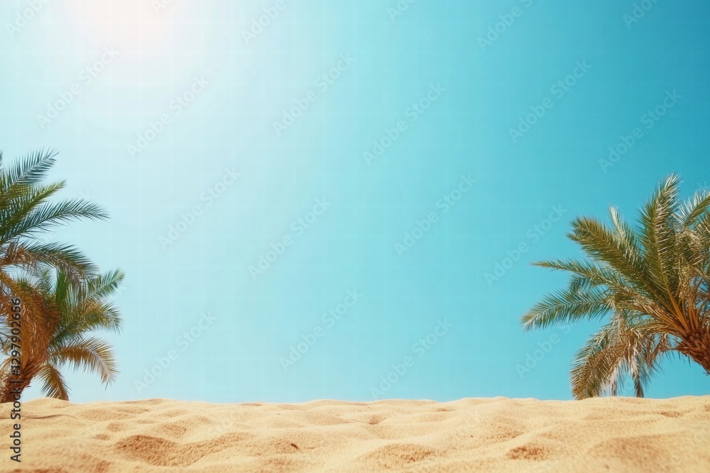 Aufkleber Golden sand dunes under a clear blue sky with palm trees swaying gently in the warm sunlit desert environment. Generative AI