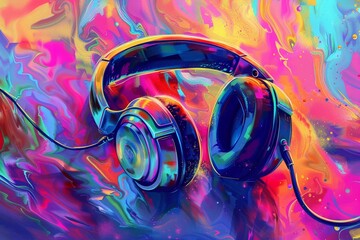 A fashion headphones are showed up in abstract colorful background.