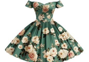  Vintage green floral dress with white roses, 1950s-style rockabilly, transparent background, PNG