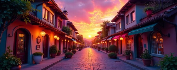 Fototapeta premium Sunset over Grape Lane with colorful storefronts and hanging lanterns, evening, travel, seaside