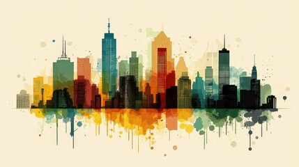 Fototapeta premium Colorful Watercolor Cityscape Silhouette Vibrant Urban Panorama with Reflections Modern Skyline Art Perfect for Creative Designs