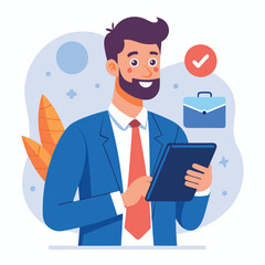 Man holding and using digital tablet computer. Tablet computer concept illustration. Vector illustration in cartoon style.