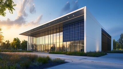 Modern solar-powered building at sunset, tranquil grounds, business center