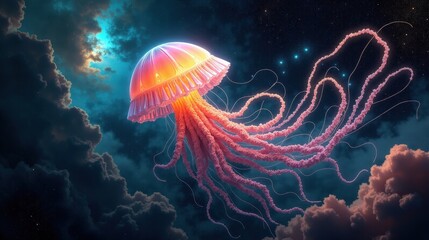 A vast cosmic nebula resembling an ethereal jellyfish, glowing tendrils of ionized Art Deco gas drifting through space, pulsars flashing in the distance